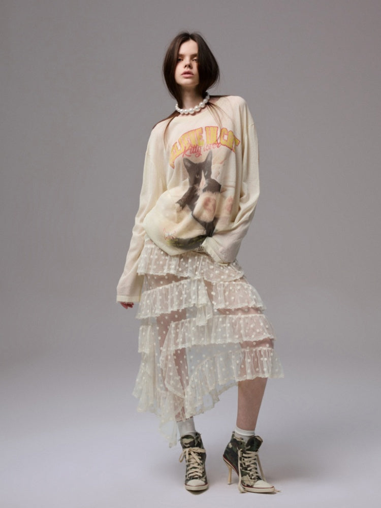 American Vintage Cat Print Slightly Sheer Knit T-Shirt【s0000013862】