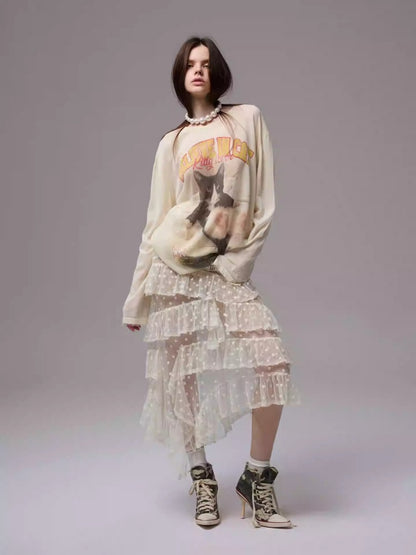 American Vintage Cat Print Slightly Sheer Knit T-Shirt【s0000013862】