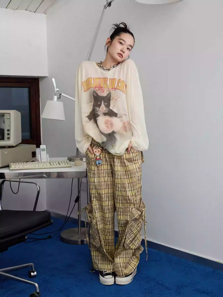 American Vintage Cat Print Slightly Sheer Knit T-Shirt【s0000013862】