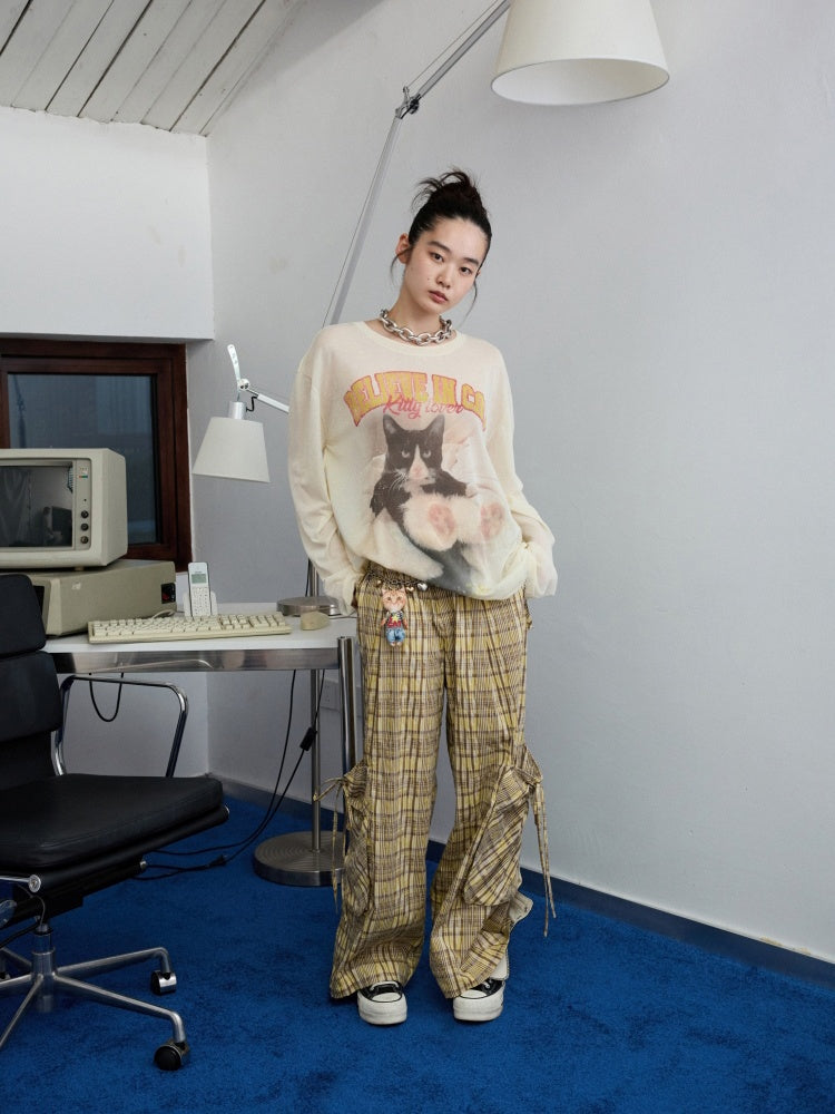American Vintage Cat Print Slightly Sheer Knit T-Shirt【s0000013862】
