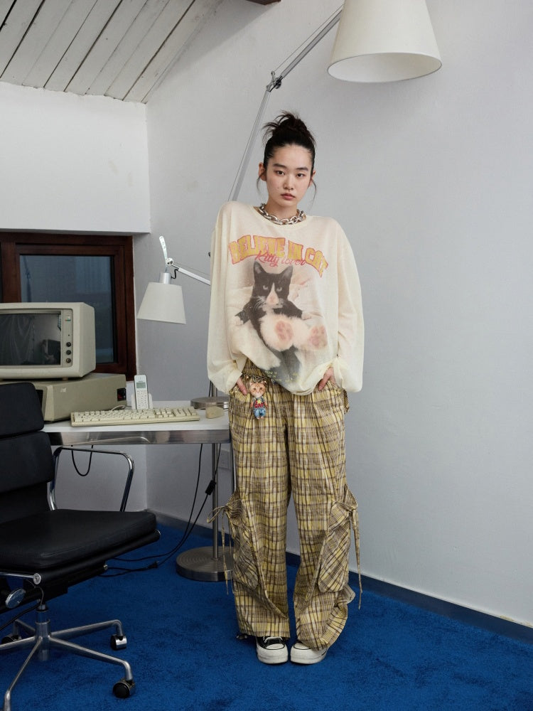 American Vintage Cat Print Slightly Sheer Knit T-Shirt【s0000013862】