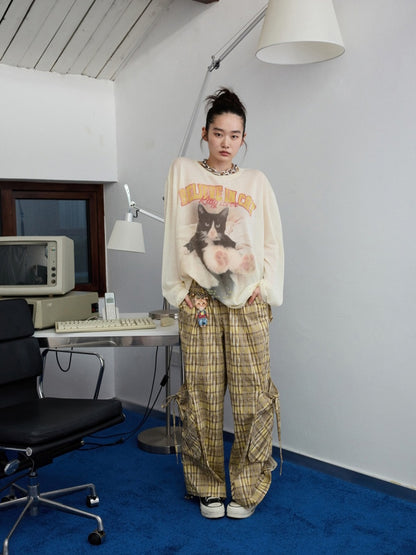 American Vintage Cat Print Slightly Sheer Knit T-Shirt【s0000013862】