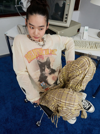 American Vintage Cat Print Slightly Sheer Knit T-Shirt【s0000013862】