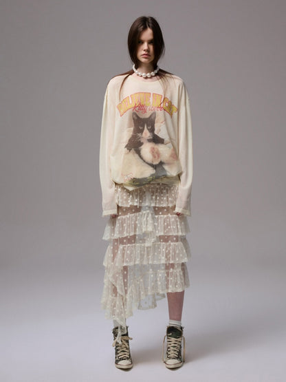 American Vintage Cat Print Slightly Sheer Knit T-Shirt【s0000013862】