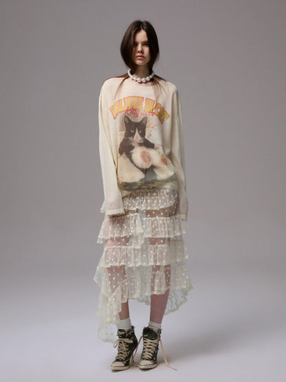 American Vintage Cat Print Slightly Sheer Knit T-Shirt【s0000013862】
