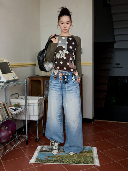 Cat & Dog Polka Dot Print Raglan Sleeve T-Shirt【s0000013863】