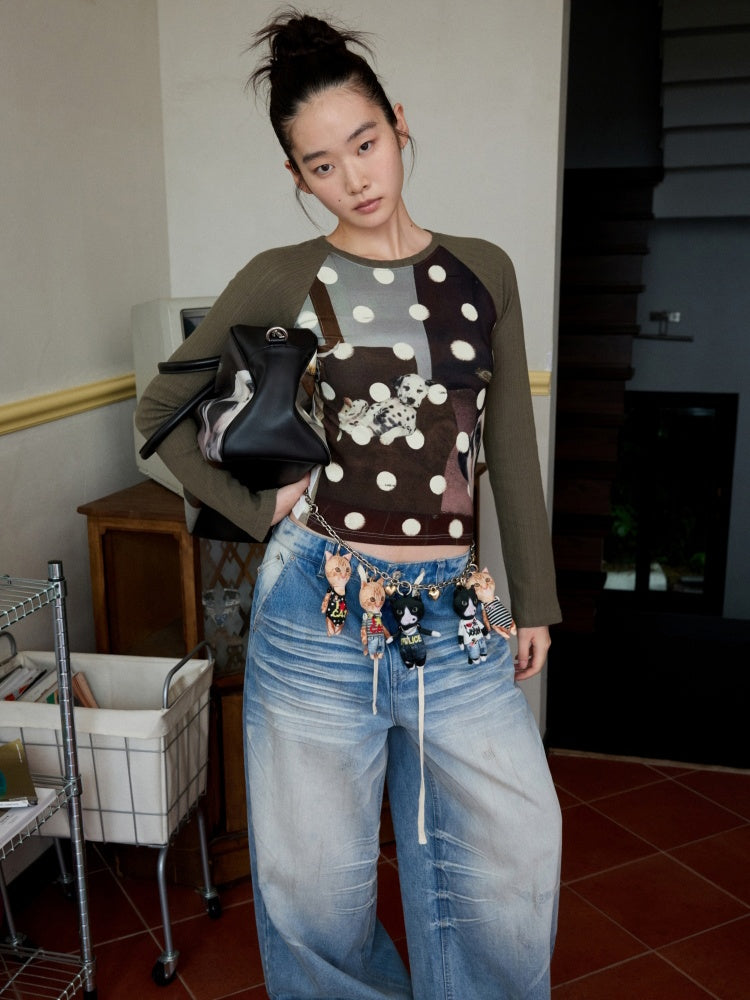 Cat & Dog Polka Dot Print Raglan Sleeve T-Shirt【s0000013863】