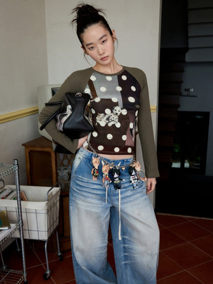 Cat & Dog Polka Dot Print Raglan Sleeve T-Shirt【s0000013863】