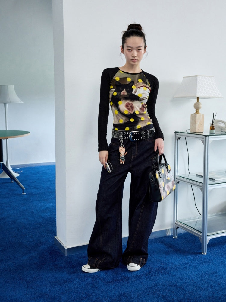 Cat & Dog Polka Dot Print Raglan Sleeve T-Shirt【s0000013863】