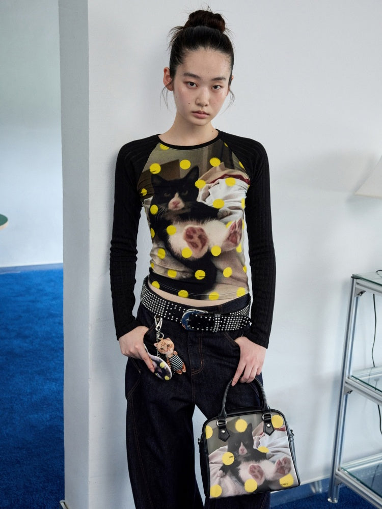 Cat & Dog Polka Dot Print Raglan Sleeve T-Shirt【s0000013863】