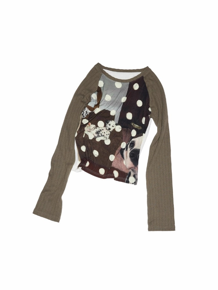 Cat & Dog Polka Dot Print Raglan Sleeve T-Shirt【s0000013863】