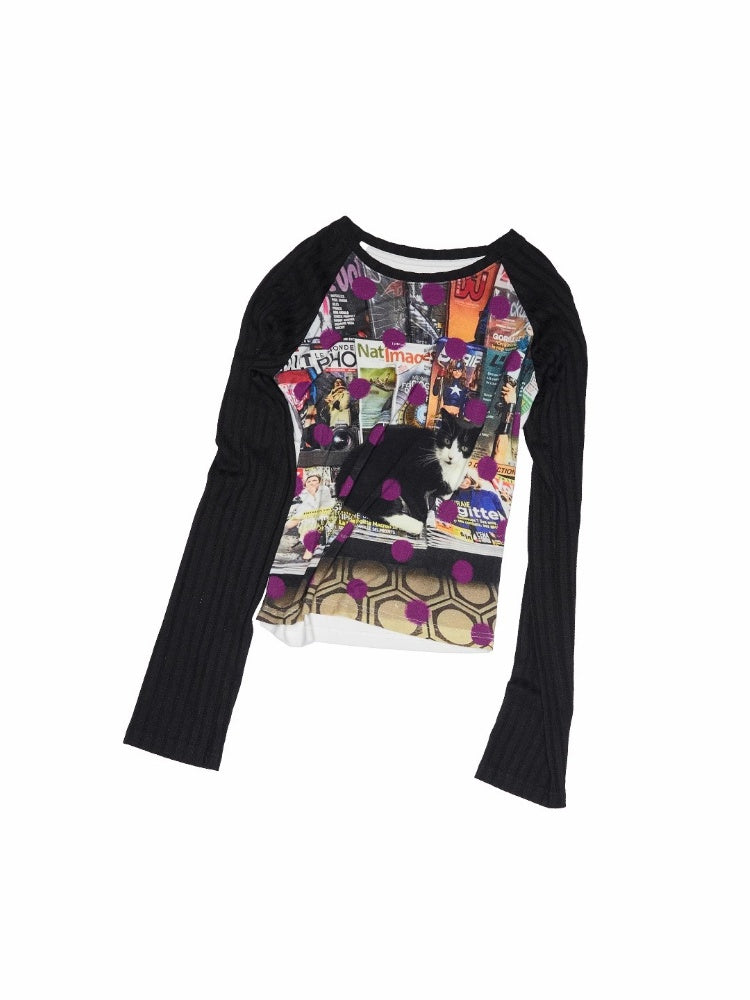 Cat & Dog Polka Dot Print Raglan Sleeve T-Shirt【s0000013863】