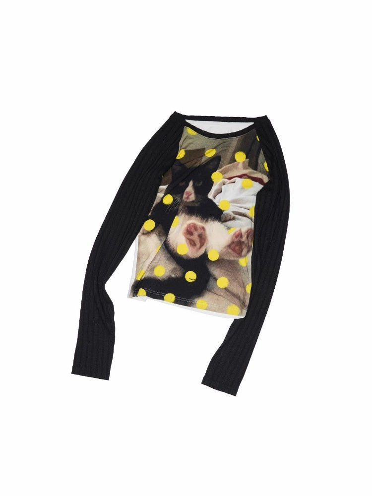 Cat & Dog Polka Dot Print Raglan Sleeve T-Shirt【s0000013863】