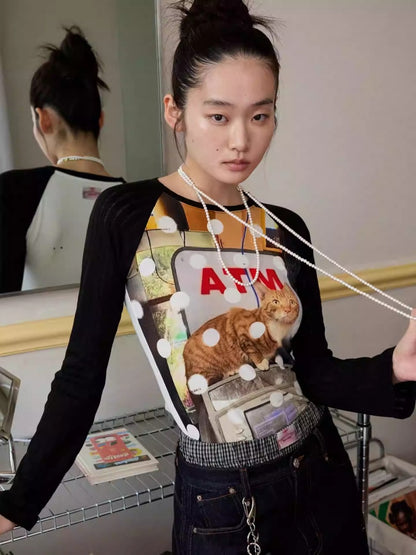 Cat & Dog Polka Dot Print Raglan Sleeve T-Shirt【s0000013863】