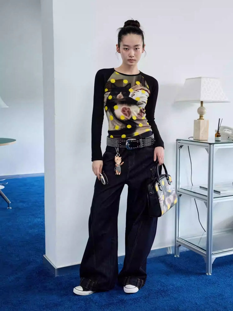 Cat & Dog Polka Dot Print Raglan Sleeve T-Shirt【s0000013863】