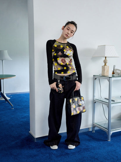 Cat & Dog Polka Dot Print Raglan Sleeve T-Shirt【s0000013863】