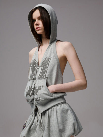 Street Lazy Halter Neck Hooded Open Back Shoulder Sweatshirt Two-Piece Set【s0000013864】