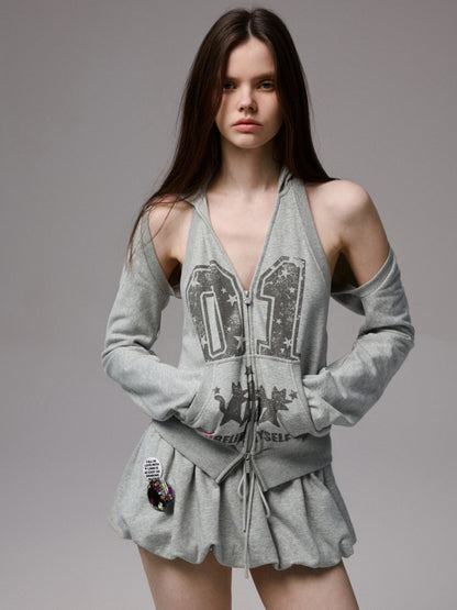 Street Lazy Halter Neck Hooded Open Back Shoulder Sweatshirt Two-Piece Set【s0000013864】