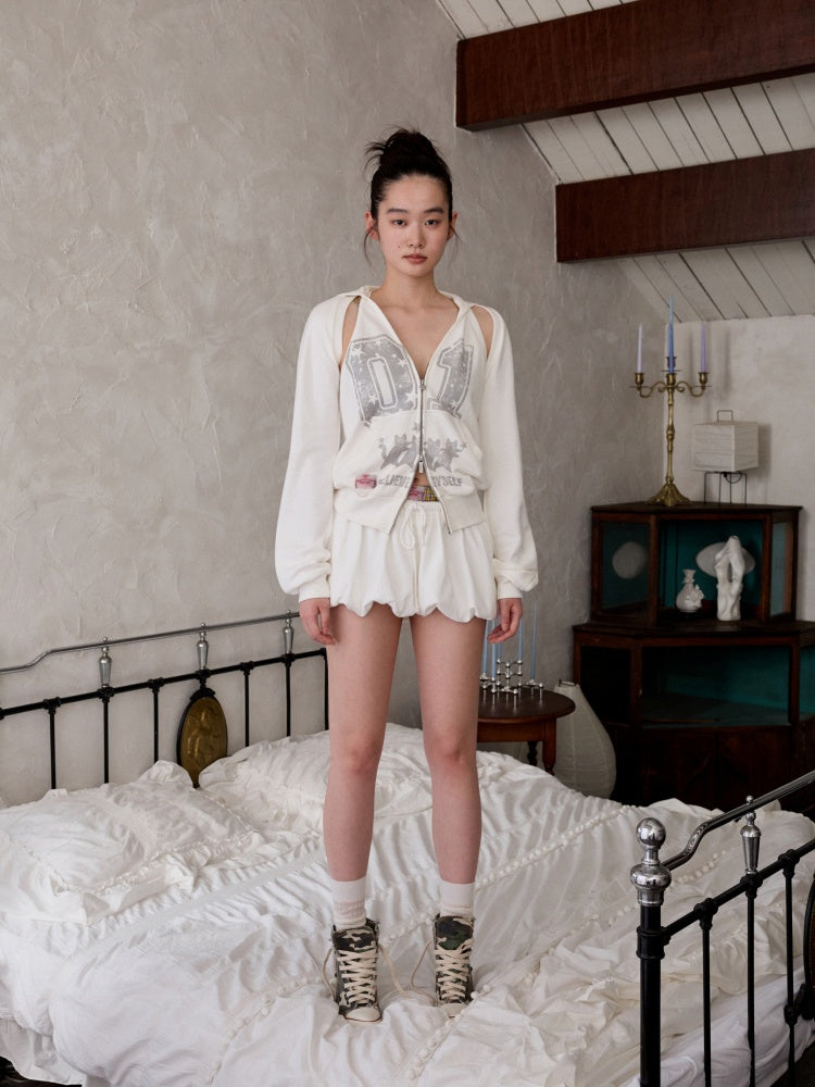 Street Lazy Halter Neck Hooded Open Back Shoulder Sweatshirt Two-Piece Set【s0000013864】