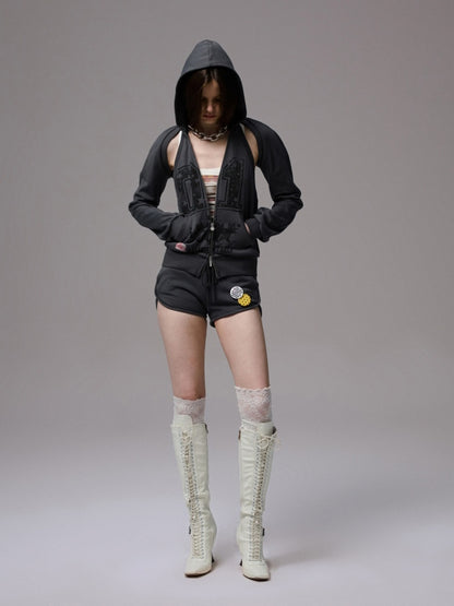 Street Lazy Halter Neck Hooded Open Back Shoulder Sweatshirt Two-Piece Set【s0000013864】
