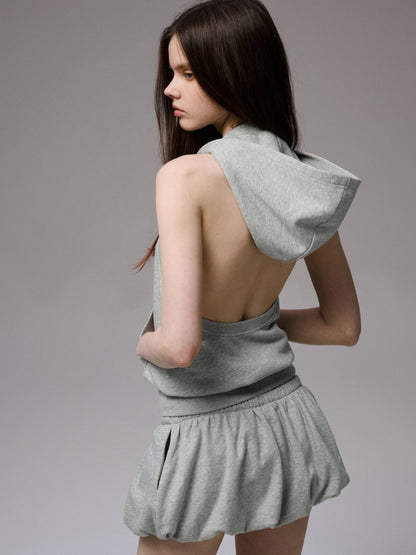 Street Lazy Halter Neck Hooded Open Back Shoulder Sweatshirt Two-Piece Set【s0000013864】