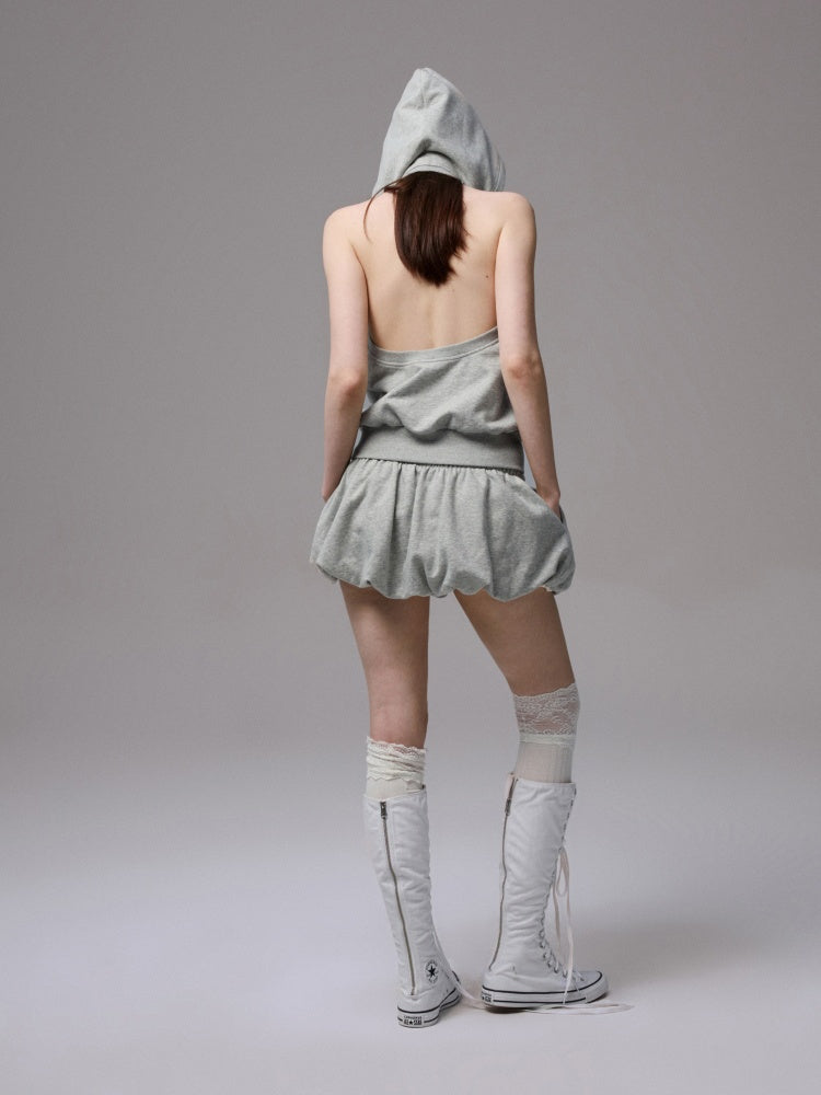 Street Lazy Halter Neck Hooded Open Back Shoulder Sweatshirt Two-Piece Set【s0000013864】