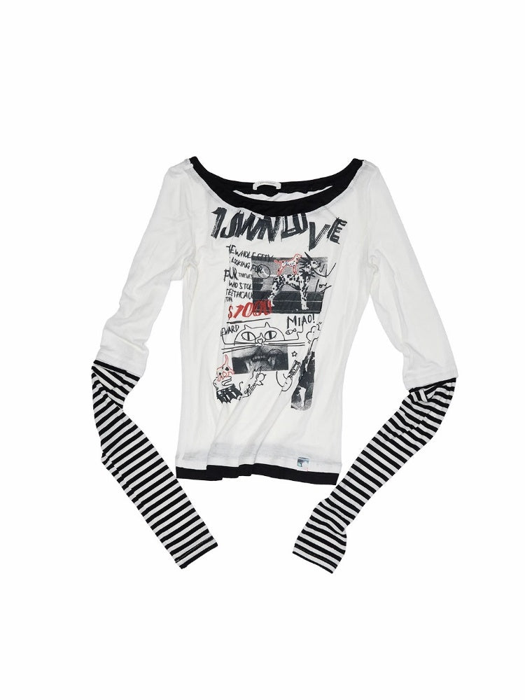 One Line Boat Collar Faux  Layered Graffiti Print Long Sleeved T-Shirt【s0000013865】