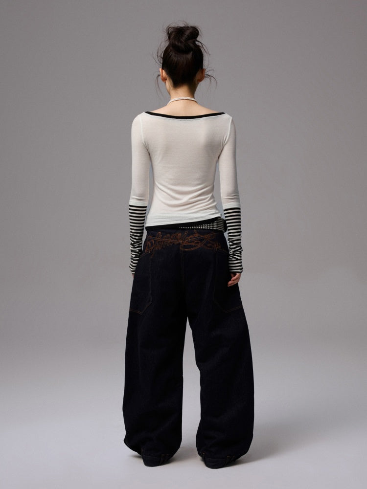 One Line Boat Collar Faux  Layered Graffiti Print Long Sleeved T-Shirt【s0000013865】