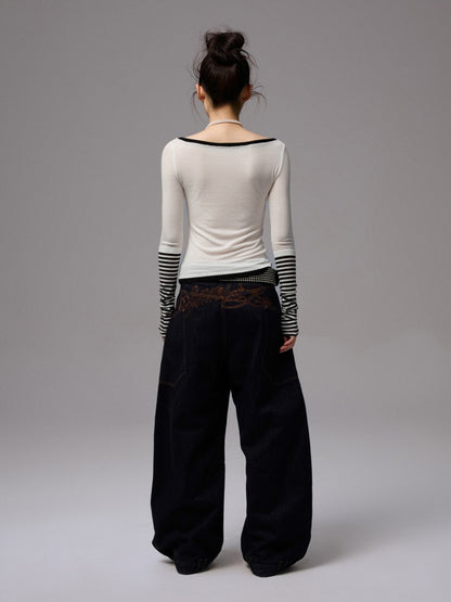 One Line Boat Collar Faux  Layered Graffiti Print Long Sleeved T-Shirt【s0000013865】