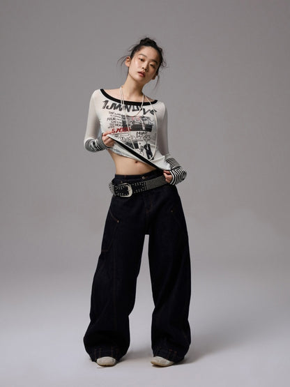 One Line Boat Collar Faux  Layered Graffiti Print Long Sleeved T-Shirt【s0000013865】