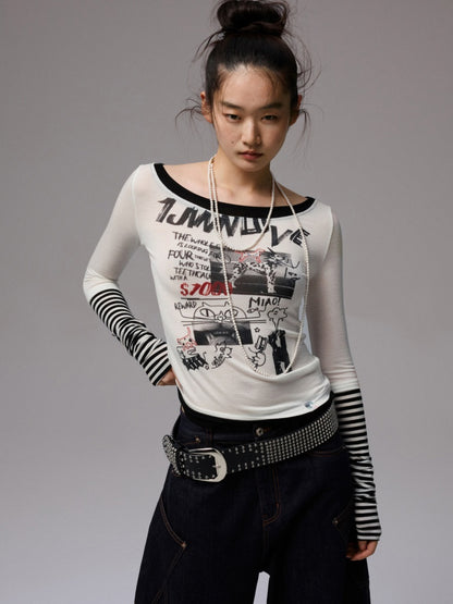 One Line Boat Collar Faux  Layered Graffiti Print Long Sleeved T-Shirt【s0000013865】