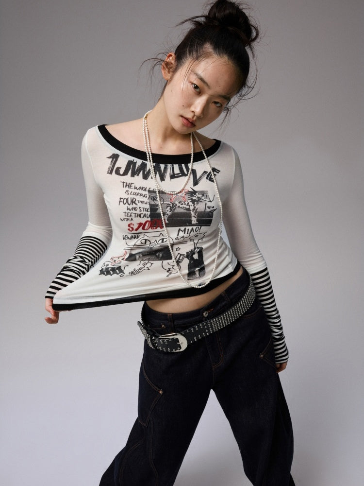 One Line Boat Collar Faux  Layered Graffiti Print Long Sleeved T-Shirt【s0000013865】