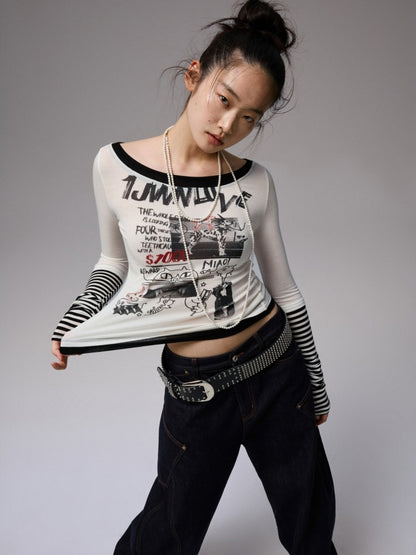 One Line Boat Collar Faux  Layered Graffiti Print Long Sleeved T-Shirt【s0000013865】