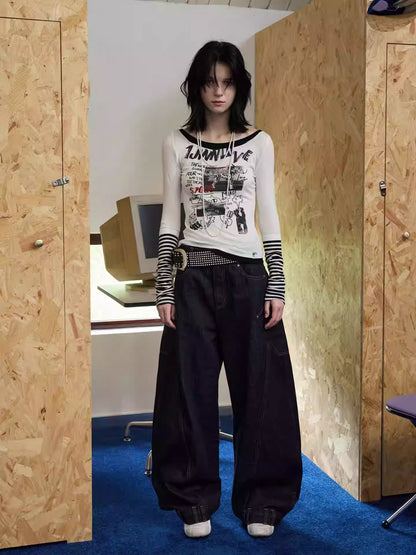 One Line Boat Collar Faux  Layered Graffiti Print Long Sleeved T-Shirt【s0000013865】