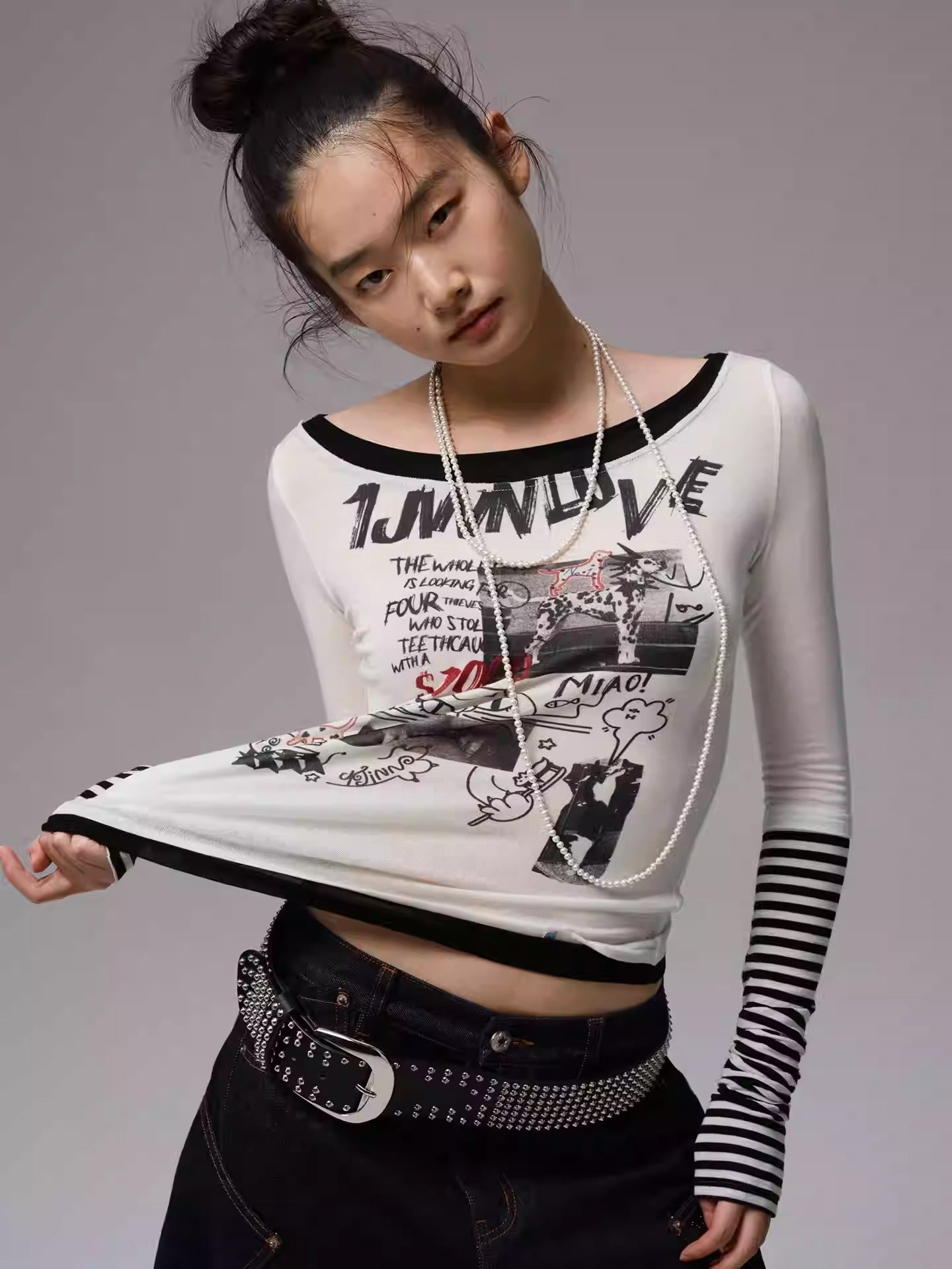 One Line Boat Collar Faux  Layered Graffiti Print Long Sleeved T-Shirt【s0000013865】