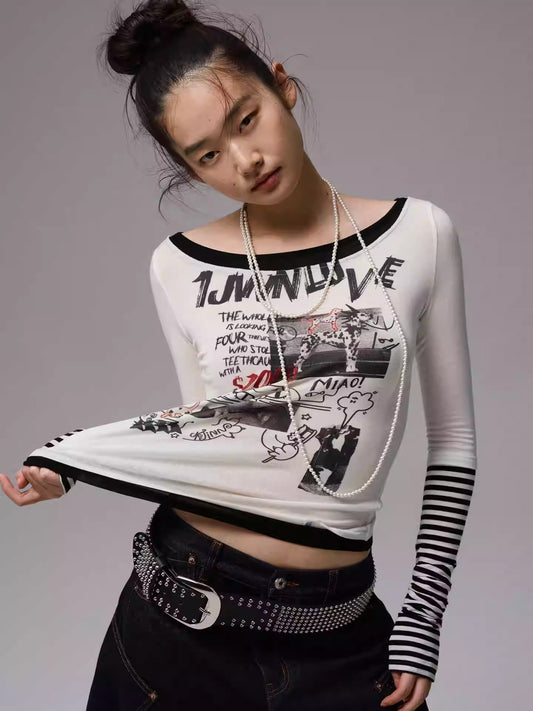 One Line Boat Collar Faux  Layered Graffiti Print Long Sleeved T-Shirt【s0000013865】
