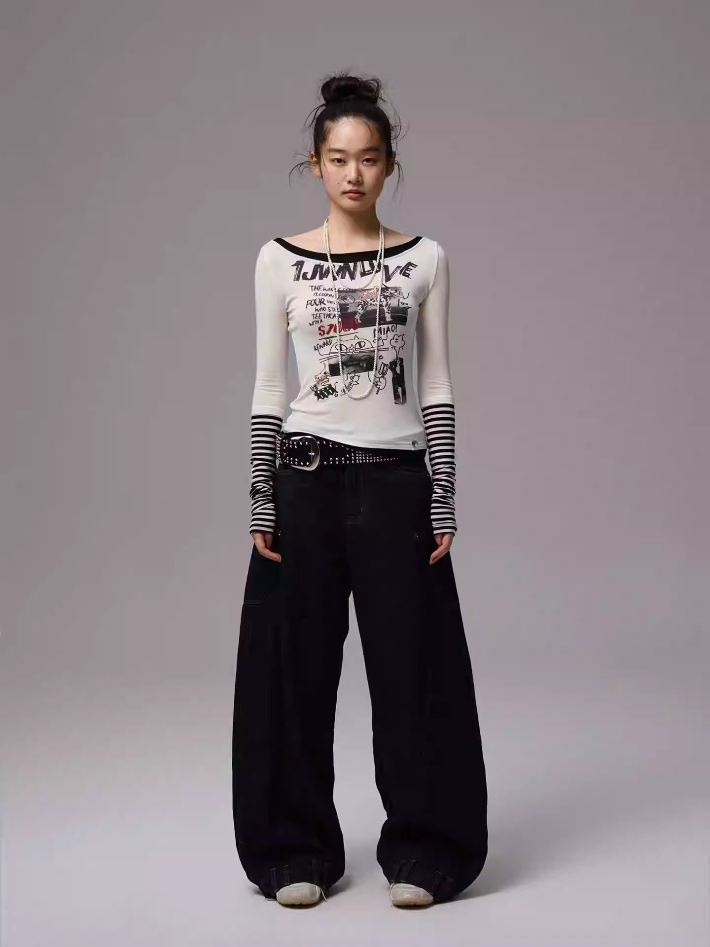 One Line Boat Collar Faux  Layered Graffiti Print Long Sleeved T-Shirt【s0000013865】