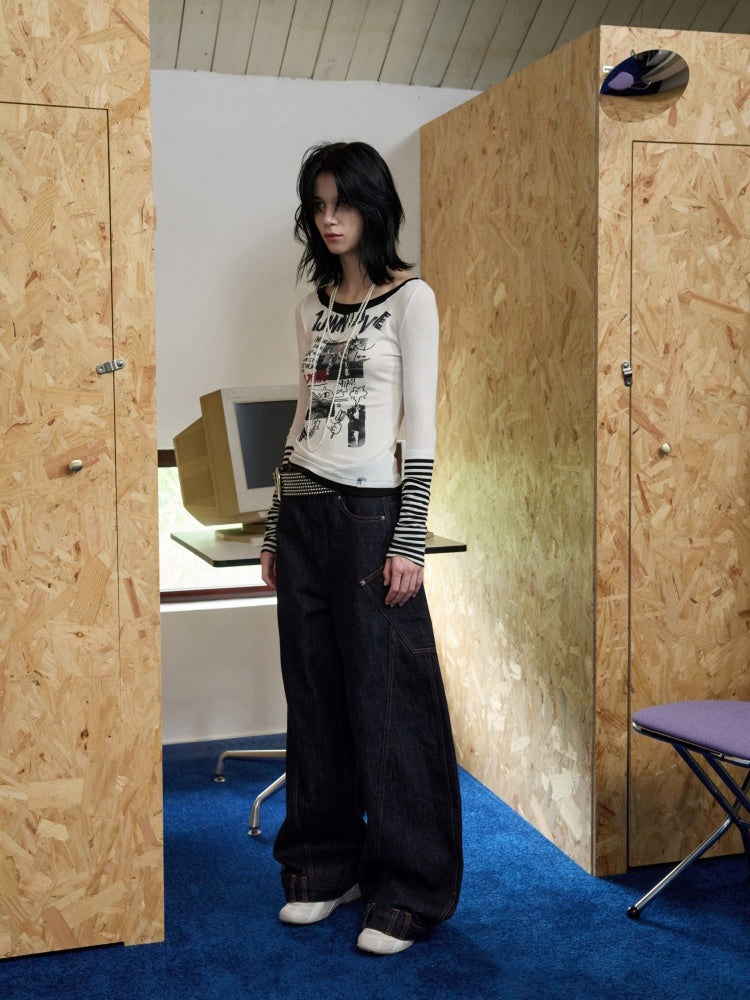 One Line Boat Collar Faux  Layered Graffiti Print Long Sleeved T-Shirt【s0000013865】