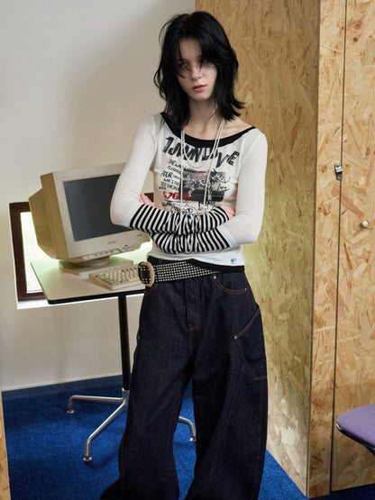 One Line Boat Collar Faux  Layered Graffiti Print Long Sleeved T-Shirt【s0000013865】