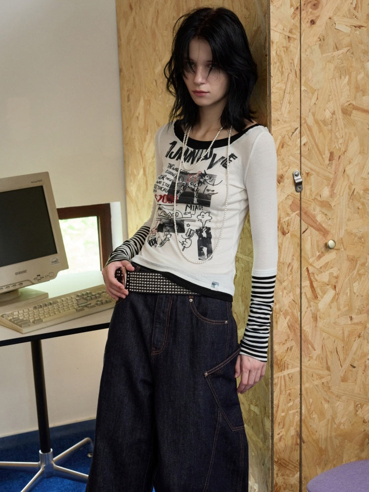 One Line Boat Collar Faux  Layered Graffiti Print Long Sleeved T-Shirt【s0000013865】