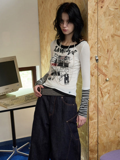 One Line Boat Collar Faux  Layered Graffiti Print Long Sleeved T-Shirt【s0000013865】