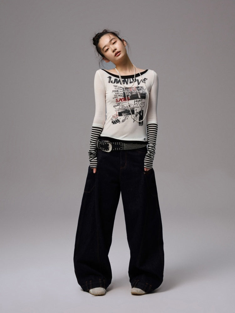 One Line Boat Collar Faux  Layered Graffiti Print Long Sleeved T-Shirt【s0000013865】