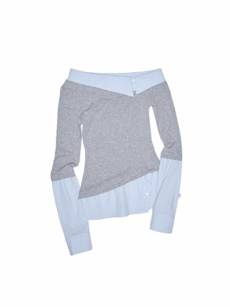 Faux Layered Slanted Shoulder Knit Paneled Shirt Collar T-Shirt【s0000013866】