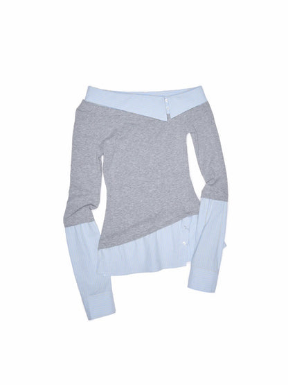 Faux Layered Slanted Shoulder Knit Paneled Shirt Collar T-Shirt【s0000013866】
