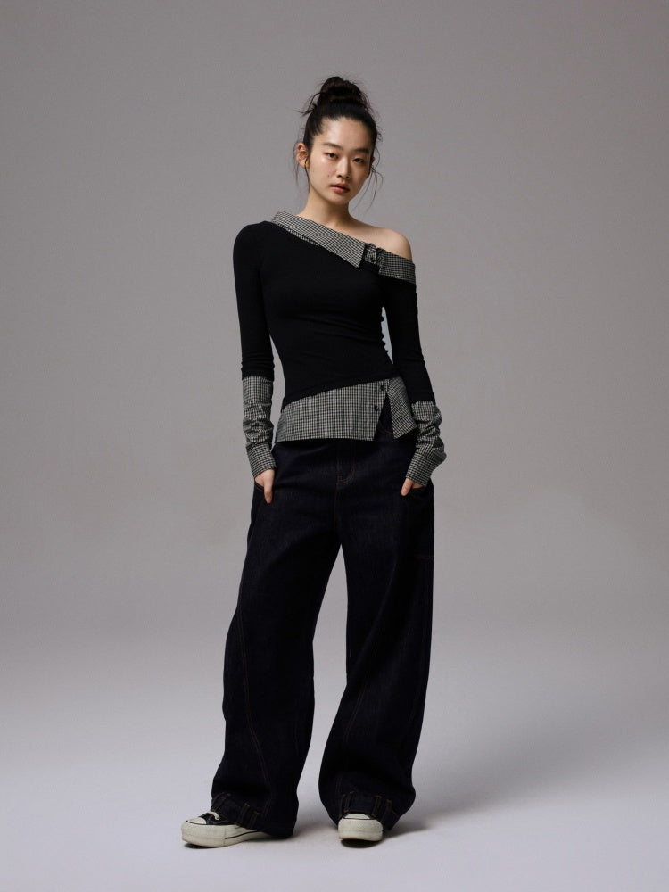 Faux Layered Slanted Shoulder Knit Paneled Shirt Collar T-Shirt【s0000013866】