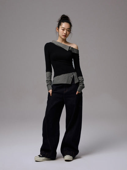 Faux Layered Slanted Shoulder Knit Paneled Shirt Collar T-Shirt【s0000013866】