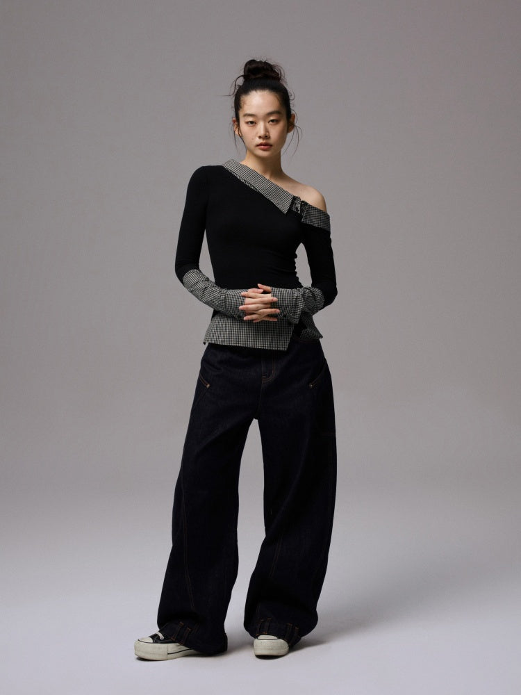 Faux Layered Slanted Shoulder Knit Paneled Shirt Collar T-Shirt【s0000013866】