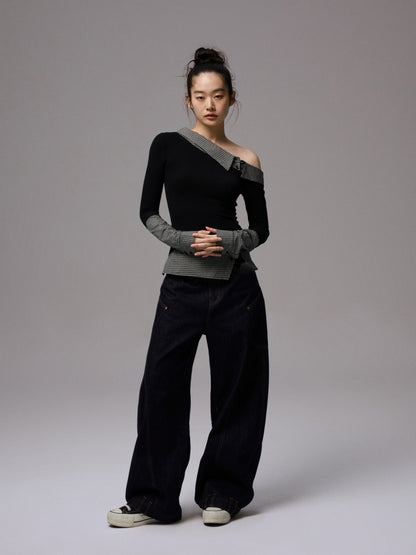 Faux Layered Slanted Shoulder Knit Paneled Shirt Collar T-Shirt【s0000013866】