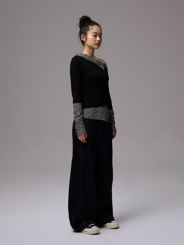 Faux Layered Slanted Shoulder Knit Paneled Shirt Collar T-Shirt【s0000013866】