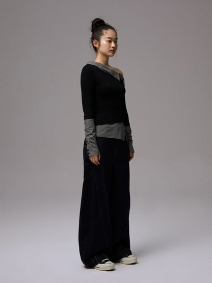 Faux Layered Slanted Shoulder Knit Paneled Shirt Collar T-Shirt【s0000013866】